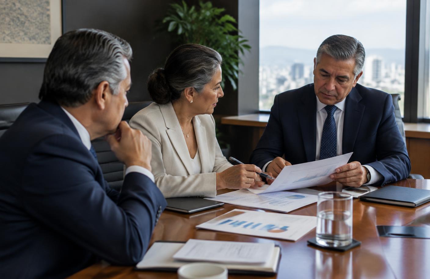 Profesionales revisando información financiera en una reunión