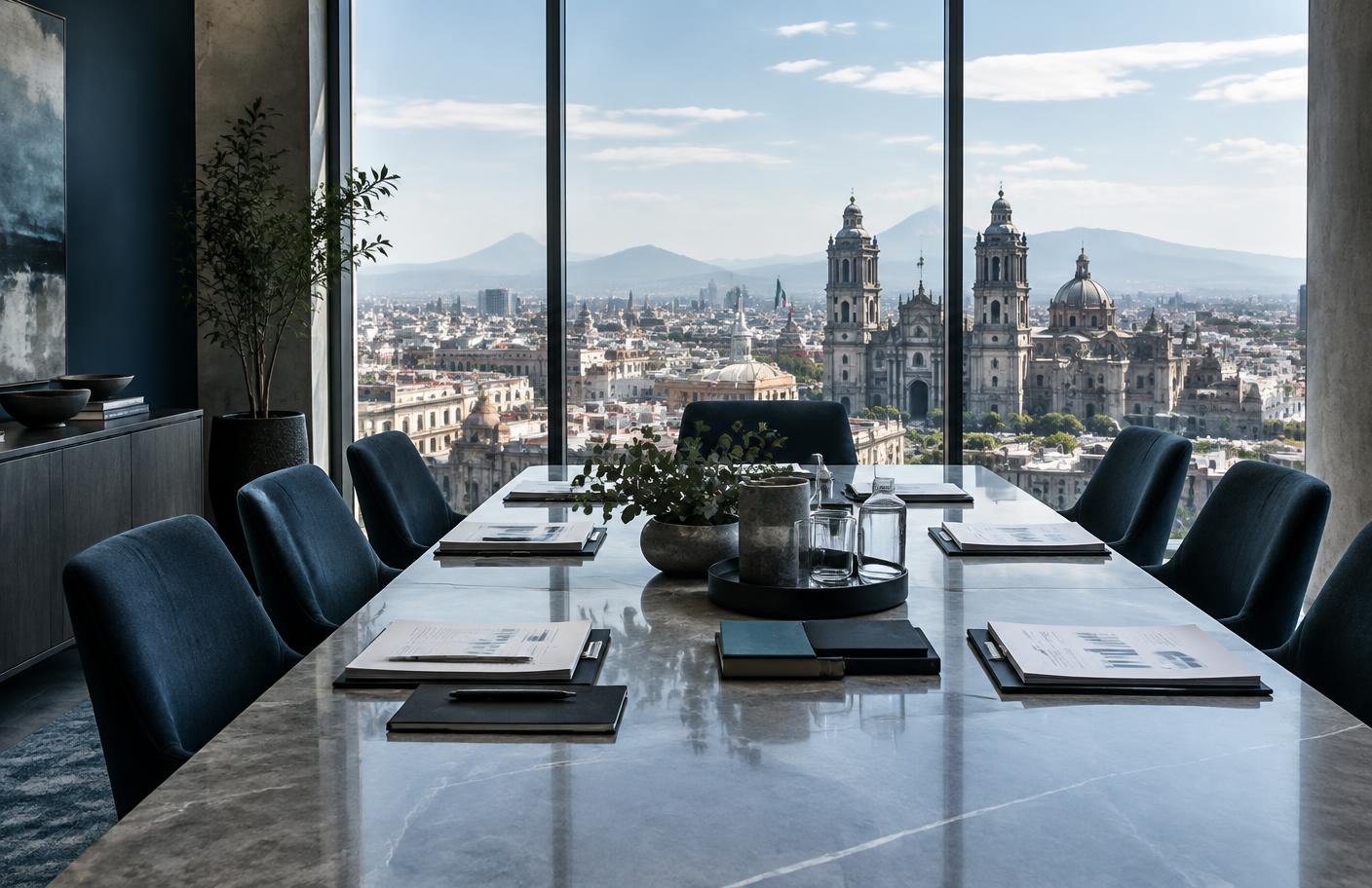 Sala de consejo con vista urbana